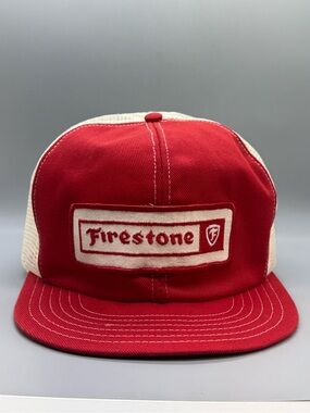 Vintage Firestone Trucker Hat Snapback – Made in Canada – 1980s Red Mesh Cap